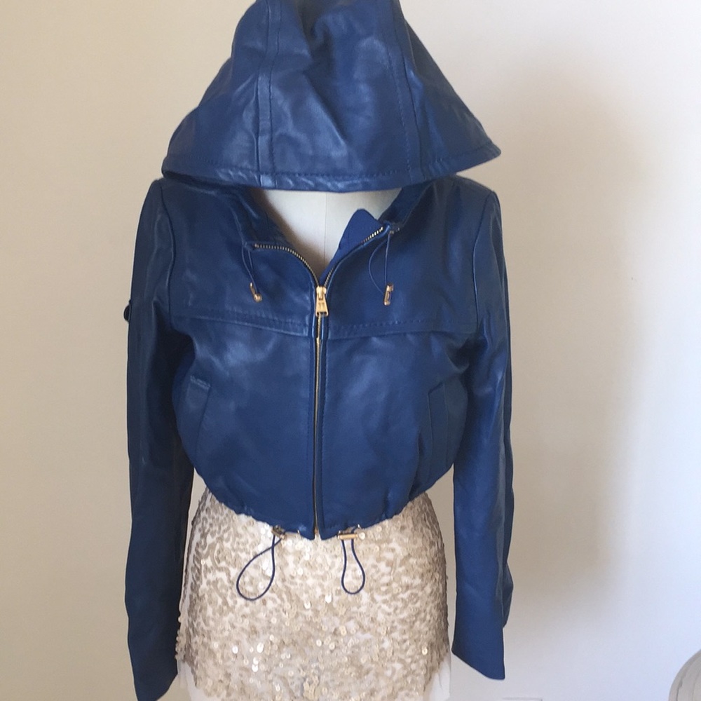 BCBG Maxazria Leather jacket with hoodie —blue